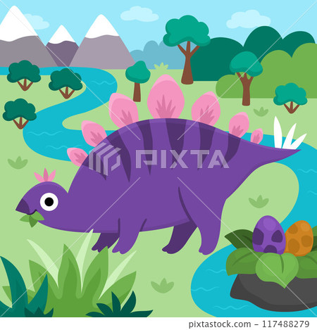 Vector square scene with stegosaur eating leaves. Dinosaur landscape illustration. Cute prehistoric scenery with mountains, forest, tree, river, nest, eggs. Funny dino scene for kids Vector square scene with stegosaur eating leaves. Dinosaur landscape illustration. Cute prehistoric scenery with mountains, forest, tree, river, nest, eggs. Funny dino scene for kids 117488279