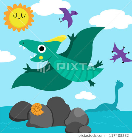 Vector square scene with pterodactyl. Dinosaur landscape illustration. Cute prehistoric scenery with flying pterosaur, sky, sun. Funny dino scene for kids 117488282