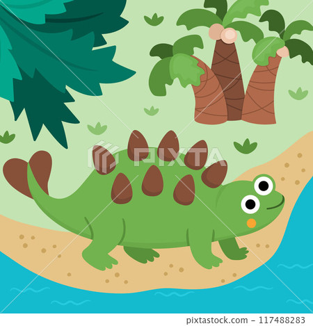 Vector square scene with ankylosaur. Dinosaur landscape illustration. Cute prehistoric scenery with forest, palm trees, river or sea, sand beach. Funny dino scene for kids 117488283