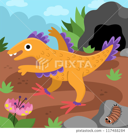 Vector square scene with velociraptor. Dinosaur landscape illustration. Cute prehistoric scenery with cave, centipede, flowers, stones. Funny dino scene for kids 117488284