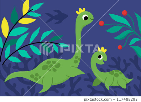 Vector horizontal scene with swimming plesiosaur and his baby. Mother and child dinosaur landscape illustration. Cute prehistoric scenery with sea, seaweeds. Funny water dino scene for kids Vector horizontal scene with swimming plesiosaur and his baby. Mother and child dinosaur landscape illustration. Cute prehistoric scenery with sea, seaweeds. Funny water dino scene for kids 117488292