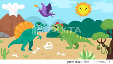 Vector horizontal scene with allosaurus and spinosaurus in the desert. Dinosaur landscape illustration. Cute prehistoric scenery with raptors, bones, volcano. Funny dino scene for kids Vector horizontal scene with allosaurus and spinosaurus in the desert. Dinosaur landscape illustration. Cute prehistoric scenery with raptors, bones, volcano. Funny dino scene for kids 117488293