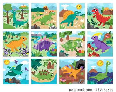Vector dinosaur square scenes collection Dino landscape illustration pack for kids. Cute prehistoric scenes set with Spinosaurus, Velociraptor, Pterodactyl, Stegosaurus, Triceratops, T-Rex Vector dinosaur square scenes collection Dino landscape illustration pack for kids. Cute prehistoric scenes set with Spinosaurus, Velociraptor, Pterodactyl, Stegosaurus, Triceratops, T-Rex 117488300