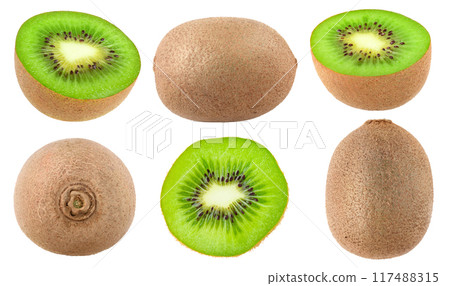 Collection of whole and cut kiwi fruits isolated on white background Collection of whole and cut kiwi fruits isolated on white background 117488315