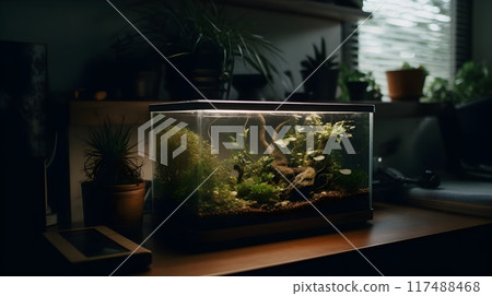 A small aquarium full of aquascape aquatic plant in the table with low light, room filled with flower in a pot. 117488468