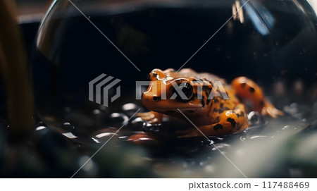 Close up of orange black spotted strawberry poison dart frog Fascinating amphibian in nature wildlife. 117488469