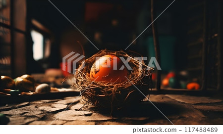 An orange egg in a bird nest indoor as easter concept. An orange egg in a bird nest indoor as easter concept. 117488489
