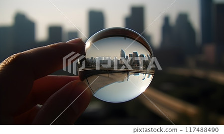 A hand holding a transparent glass ball sphere reflect the city landscape. 117488490