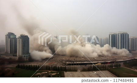 Building demolition process with a lot of smoke from the fallen building material. Building demolition process with a lot of smoke from the fallen building material. 117488491