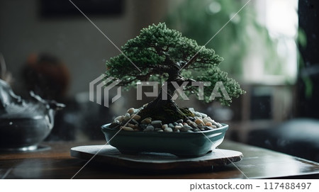 Beautiful bonsai plant display in a ceramic pot indoor. Beautiful bonsai plant display in a ceramic pot indoor. 117488497