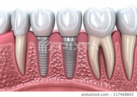 The concept of dental implants. A 3D rendering showing a dental implant placed between teeth The concept of dental implants. A 3D rendering showing a dental implant placed between teeth 117488603