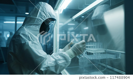 In a sterile laboratory setting, a dedicated scientist is performing experiments 117488904