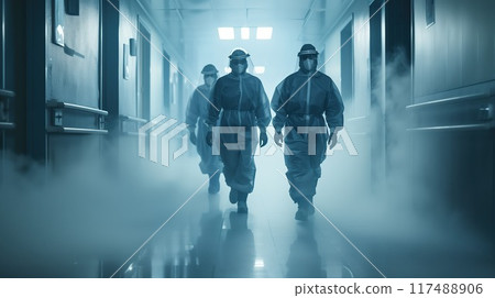 Healthcare workers in protective gear in hospital during crisis  117488906