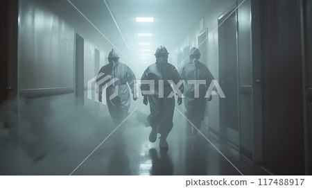Medical team wearing protective gear rushing urgently through hospital corridor  117488917
