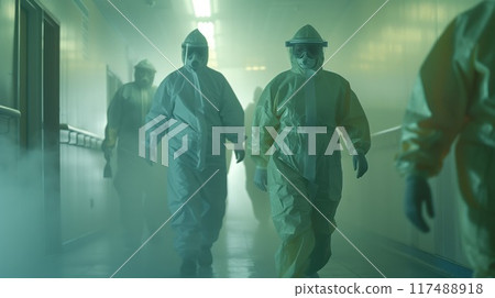 Medical professionals in hazmat suits walk through fog-filled hospital corridor 117488918