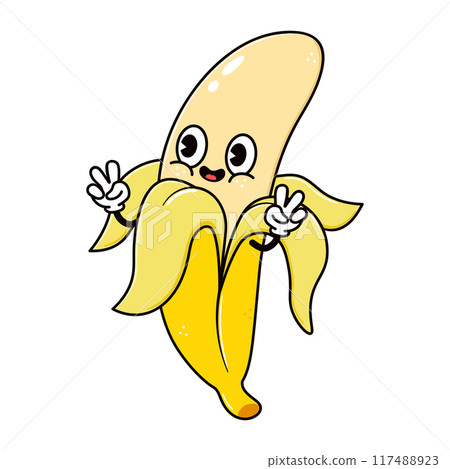 Cute funny Banana waving hand character. Vector hand drawn traditional cartoon vintage, retro, kawaii character illustration icon. Isolated on white background. Banana character 117488923