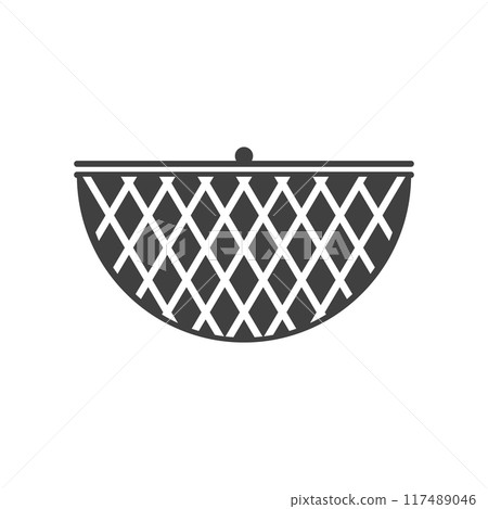Wicker storage basket with lid. Vector drawing on blank background. Isolated black and white silhouette. Wicker storage basket with lid. Vector drawing on blank background. Isolated black and white silhouette. 117489046