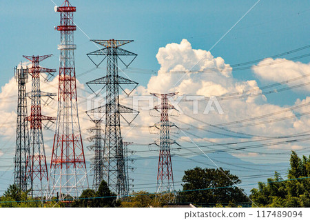 Blue sky and power lines on a hot, sunny day Blue sky and power lines on a hot, sunny day 117489094