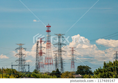 Blue sky and power lines on a hot, sunny day Blue sky and power lines on a hot, sunny day 117489147