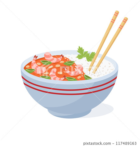 Asian food bowl. Korean or Japanese dish with rice and shrimps, traditional asian cuisine flat vector illustration. Cartoon tasty asian dish 117489163