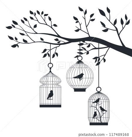Cartoon bird cages on tree. Exotic birds in metal cages silhouettes, decorative birds cage hanging on tree flat vector silhouette illustration. Bird cages 117489168