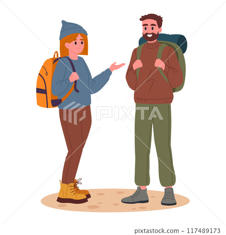 Characters outdoor adventure. Couple on hike, hiking active tourist people, trekking and backpacking flat vector illustration. Folks hiking on trail 117489173