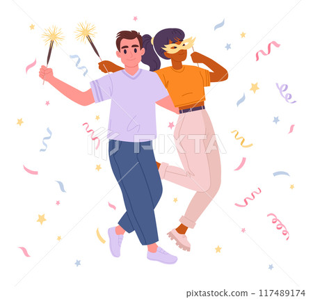 Cheerful celebration couple. Man and woman celebrate holiday, characters with gift confetti at Birthday party flat vector illustration. Cartoon celebrating friends Cheerful celebration couple. Man and woman celebrate holiday, characters with gift confetti at Birthday party flat vector illustration. Cartoon celebrating friends 117489174