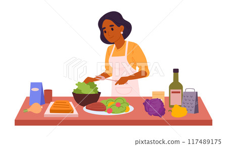 Cooking woman. Female character cooking tasty dishes, preparing food at home flat vector illustration. Homemade meal preparation scene 117489175