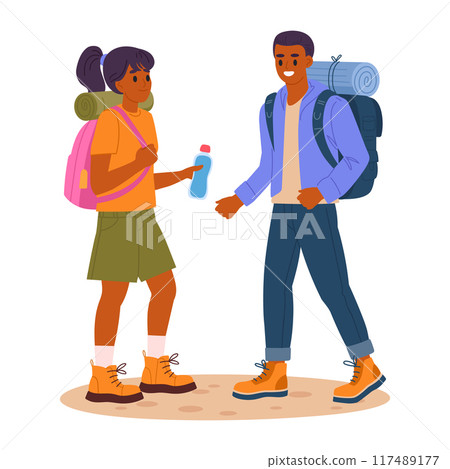 Couple on hike. Characters outdoor adventure, hiking active tourist people, trekking and backpacking flat vector illustration. Folks hiking on trail Couple on hike. Characters outdoor adventure, hiking active tourist people, trekking and backpacking flat vector illustration. Folks hiking on trail 117489177
