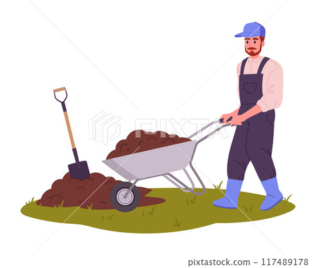 Farmer digging ground. Agricultural worker gardening and dig soil, harvesting and husbandry flat vector illustration. Man work with soil Farmer digging ground. Agricultural worker gardening and dig soil, harvesting and husbandry flat vector illustration. Man work with soil 117489178