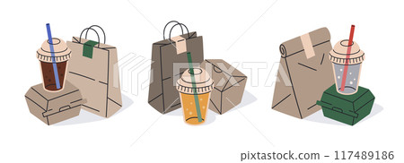 Food delivery containers. Takeaway fast food disposable containers, carton boxes, paper bags and plastic cups for cold or hot drinks flat vector illustration set. Food delivery packaging Food delivery containers. Takeaway fast food disposable containers, carton boxes, paper bags and plastic cups for cold or hot drinks flat vector illustration set. Food delivery packaging 117489186