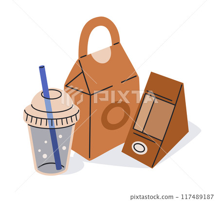 Food packaging. Takeaway fast food paper or cardboard containers, food delivery paper box, bag and plastic cup flat vector illustration. Hand drawn food boxes on white Food packaging. Takeaway fast food paper or cardboard containers, food delivery paper box, bag and plastic cup flat vector illustration. Hand drawn food boxes on white 117489187