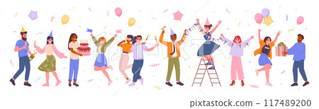 People celebrating. Men and women dancing and having fun together, friends celebration party flat vector illustration. Anniversary or Birthday party celebration on white background 117489200