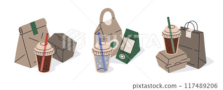 Takeaway food disposable packaging. Fast food delivery containers, paper bags, boxes and plastic cups for drinks flat vector illustration set. Food delivery containers Takeaway food disposable packaging. Fast food delivery containers, paper bags, boxes and plastic cups for drinks flat vector illustration set. Food delivery containers 117489206
