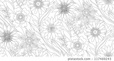 Half drop Floral Seamless Pattern of Fantasy Flower Field - Black thin Line Drawing on a White Background. Wallpaper Design for Textiles, Papers, Prints, Fashion, Wrappings, Coloring Pages. 117489243