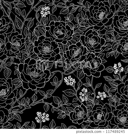 Floral Seamless Pattern of Roses Flowers and Leaves in Line Art style, White Outline on Black Background. Wallpaper Design for Textiles, Papers, Prints, Beauty Products. 117489245