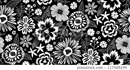 Half drop Floral Seamless Pattern of Fantasy Flowers in Black and White. Wallpaper Design for Textiles, Papers, Prints, Fashion, Beauty Products, Wrappings. Half drop Floral Seamless Pattern of Fantasy Flowers in Black and White. Wallpaper Design for Textiles, Papers, Prints, Fashion, Beauty Products, Wrappings. 117489249