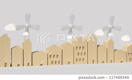 The Eco fan wind and house wood for generator electric for energy or ecology concept 3d rendering. The Eco fan wind and house wood for generator electric for energy or ecology concept 3d rendering. 117489340