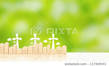 The Eco fan wind and house wood for generator electric for energy or ecology concept 3d rendering. The Eco fan wind and house wood for generator electric for energy or ecology concept 3d rendering. 117489341