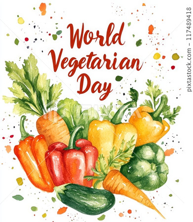 Celebrate World Vegetarian Day with vibrant illustrations of fresh vegetables including peppers, carrots, and cucumbers surrounded by colorful splashes. Generative AI 117489418