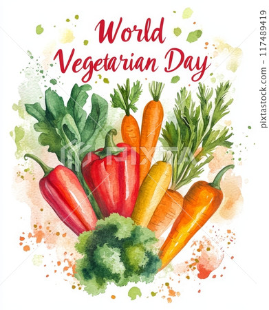 Celebrate World Vegetarian Day with a colorful illustration of fresh vegetables including carrots, bell peppers, and broccoli. Generative AI 117489419