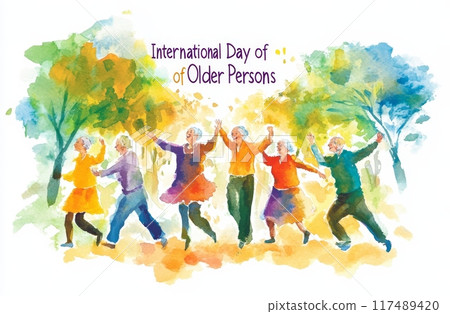 Elderly individuals celebrating International Day of Older Persons in a vibrant, colorful outdoor setting with trees and joyful expressions. Generative AI 117489420