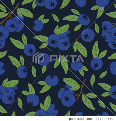 Blueberry branches seamless pattern. Juicy blueberries on twig endless design, fresh edible berries for healthy nutrition flat vector background illustration. Delicious forest berries pattern Blueberry branches seamless pattern. Juicy blueberries on twig endless design, fresh edible berries for healthy nutrition flat vector background illustration. Delicious forest berries pattern 117489530
