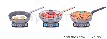 Frying pan with dishes. Meat, eggs and vegetable stew in frying pans, cooking morning breakfast and dinner on non-stick frying pan flat vector illustration set. Food preparation Frying pan with dishes. Meat, eggs and vegetable stew in frying pans, cooking morning breakfast and dinner on non-stick frying pan flat vector illustration set. Food preparation 117489546