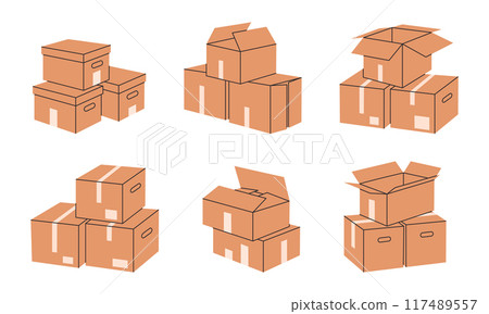 Moving boxes. Stacked cardboard boxes, cargo warehouse box piles, delivery containers stack flat vector illustration set. Hand drawn boxes collection Moving boxes. Stacked cardboard boxes, cargo warehouse box piles, delivery containers stack flat vector illustration set. Hand drawn boxes collection 117489557