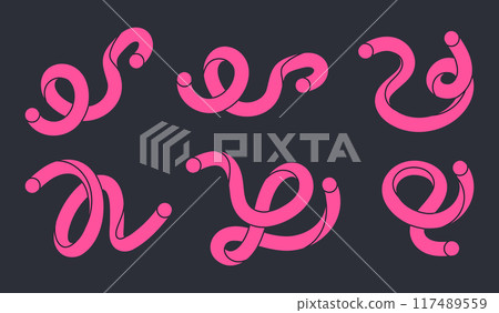 Scribble twisted lines. Hand drawn abstract colorful pink shapes, funny minimalist style scribbles flat vector illustration set. Cartoon comic scribble shapes 117489559