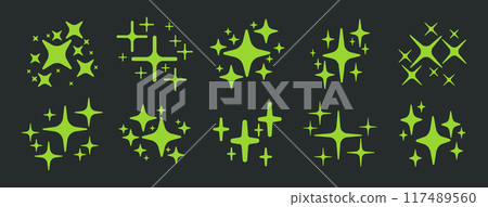 Shiny twinkling sparkles. Sparkle flashlights silhouettes, shiny glitter stars and sparkles flat vector illustration set. Flickering sparkles collection Shiny twinkling sparkles. Sparkle flashlights silhouettes, shiny glitter stars and sparkles flat vector illustration set. Flickering sparkles collection 117489560