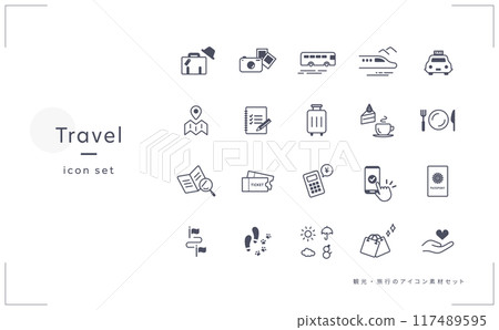 Tourism and travel icon set (vehicles, cameras, brochures, hotels, weather, restaurants, etc.) 117489595