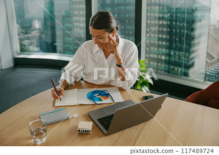 A Professional Woman Engaged in Active Work in a Contemporary Office Environment A Professional Woman Engaged in Active Work in a Contemporary Office Environment 117489724