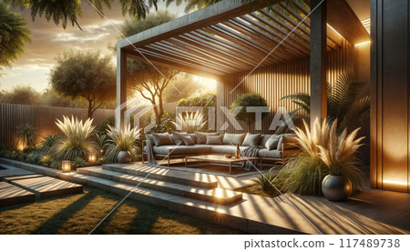 large outdoor living area with wooden pergola 117489738